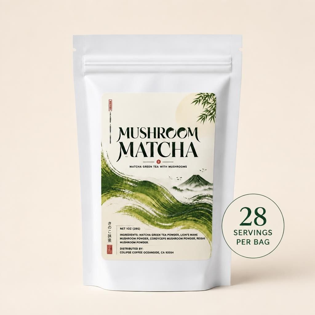 Mushroom matcha bag with 28 servings per bag badge
