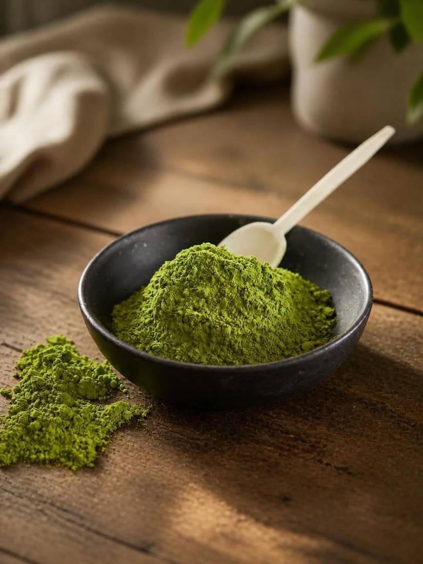 Ceremonial grade matcha whisked with water in a traditional bowl