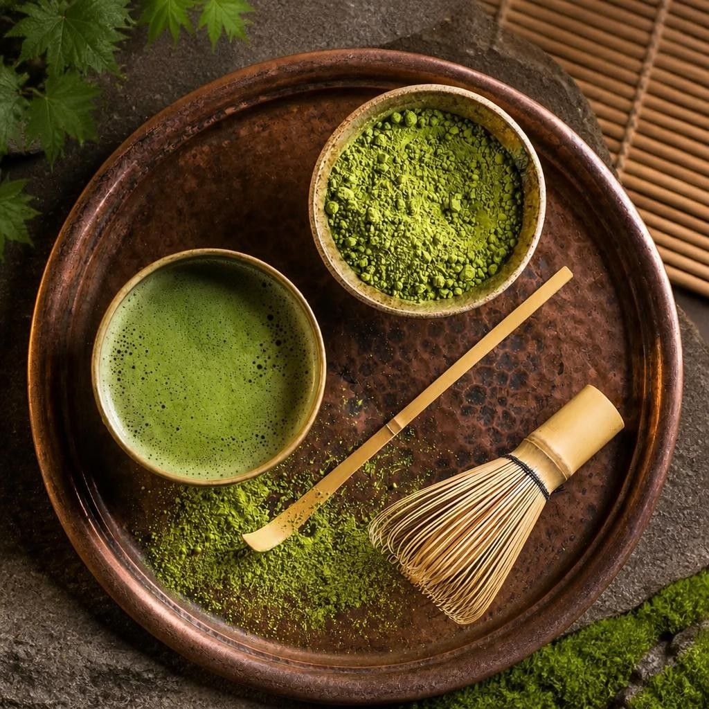 Mushroom matcha tea ceremony tray with whisk and bowls of matcha