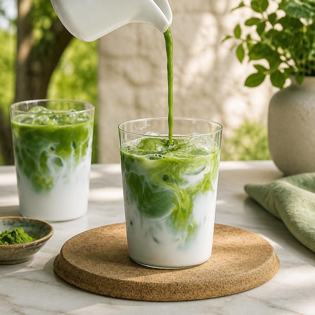 Pouring a mushroom matcha latte over ice and milk