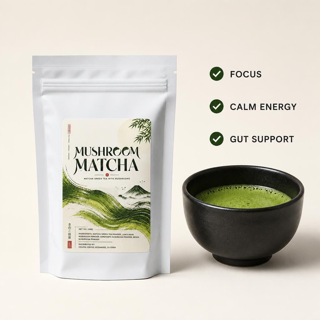 Mushroom matcha bag beside a whisked matcha bowl with focus, calm energy, gut support callouts